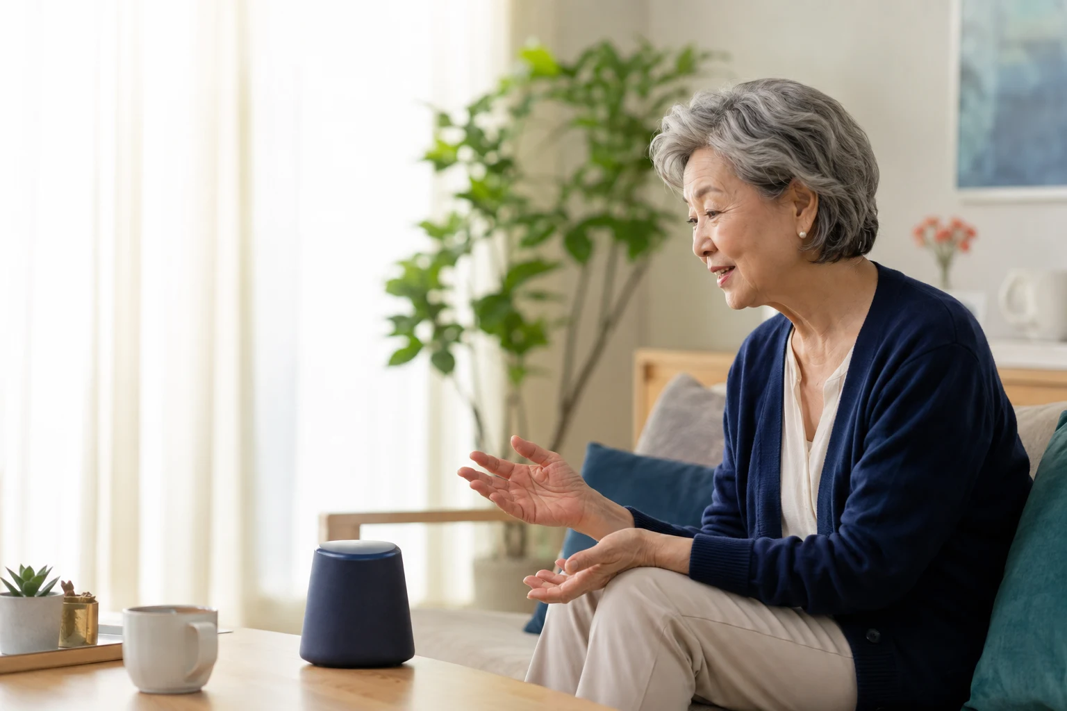 밝은 집에서 AI 돌봄 기기와 편안하게 대화하는 어르신